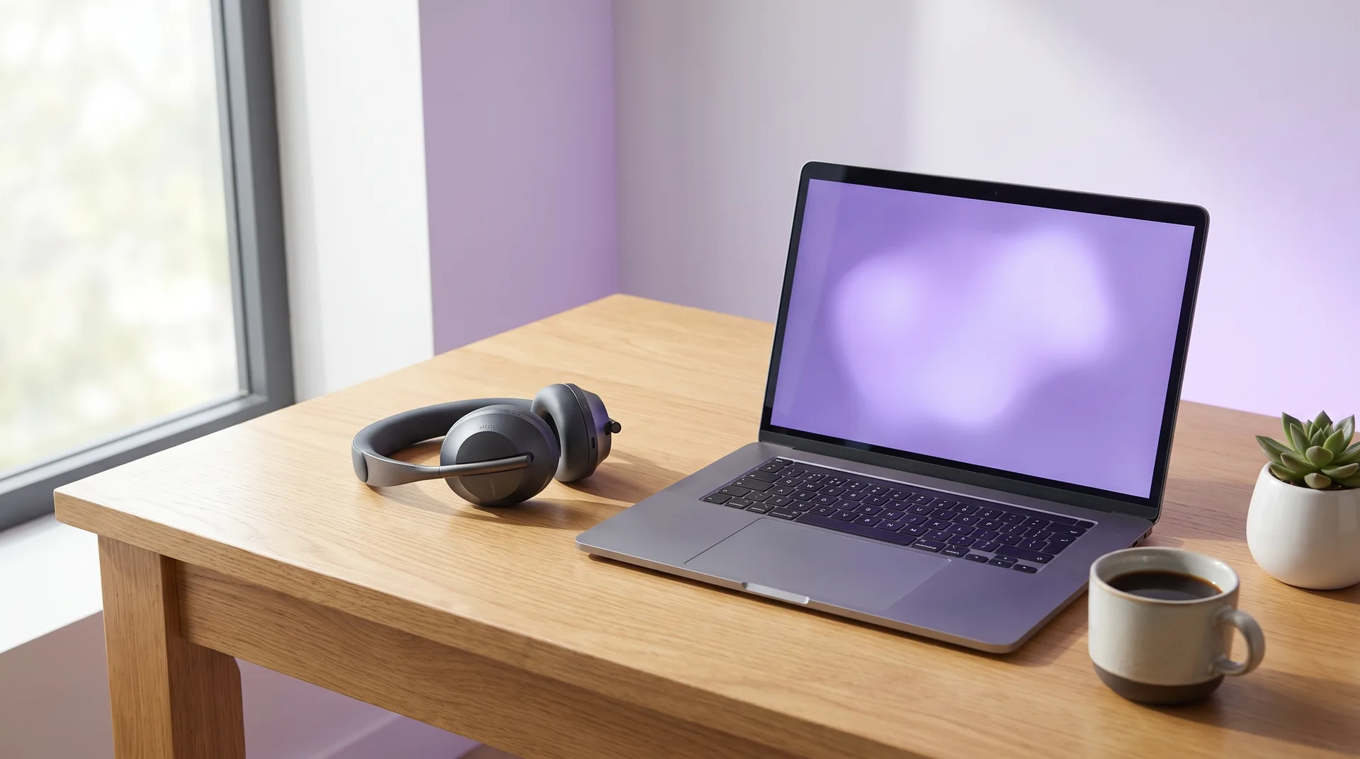 Customer support workspace with a headset and laptop in violet ambient light